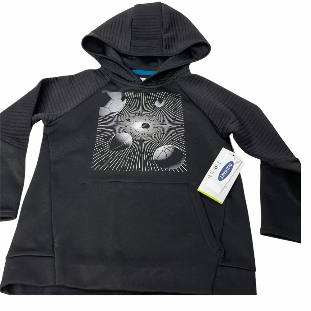 Old Navy Boys Active Dry Black Long Slv Hoodie with Sports Balls Graphic Sz XS 5